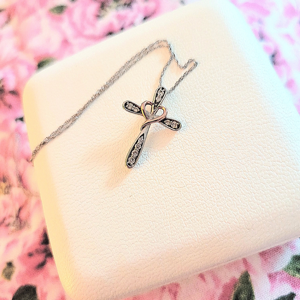 10k Rose and White Gold Diamond Cross Necklace